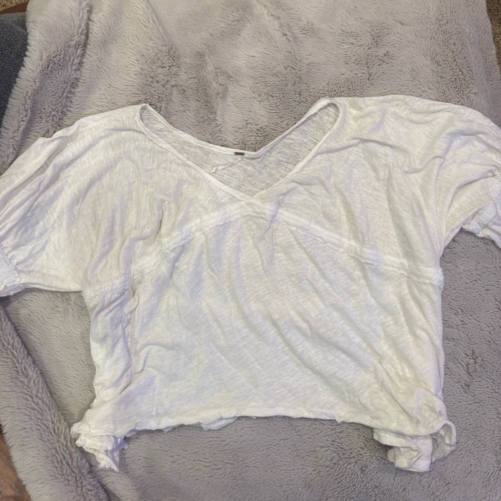 Free People White V-Neck Short Sleeve Top